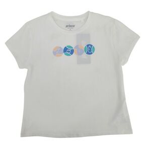 Prince Girls Size Medium Graphic Tennis Tee Pure White Love Tennis Balls